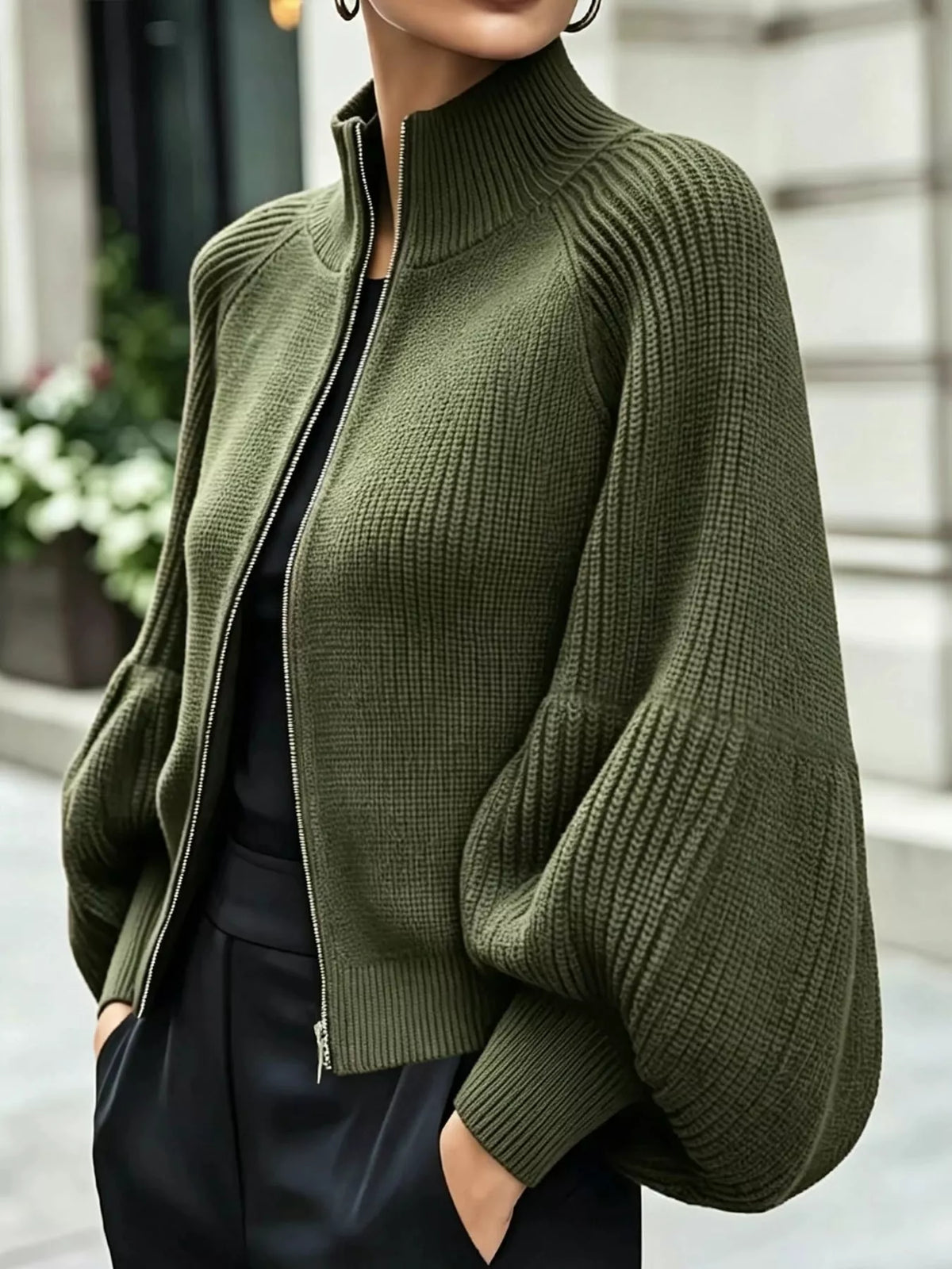 Army Green ribbed knit zip-up lantern sleeve cardigan
