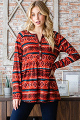 Trendsi Heimish Full Size Geometric Button Detail Long Sleeve Babydoll Top - Shirts