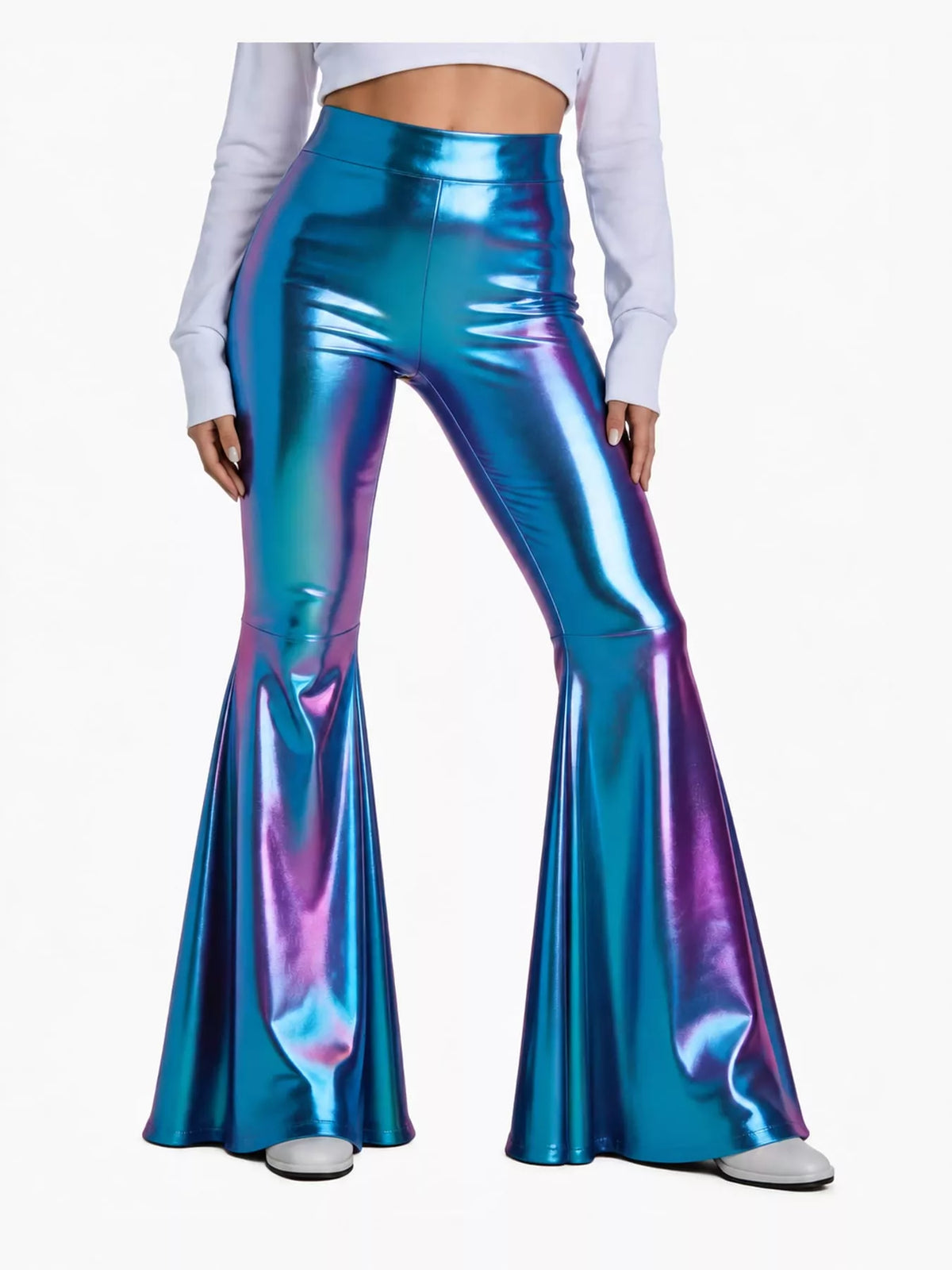 Iridescent blue high-waisted flare pants — front view
