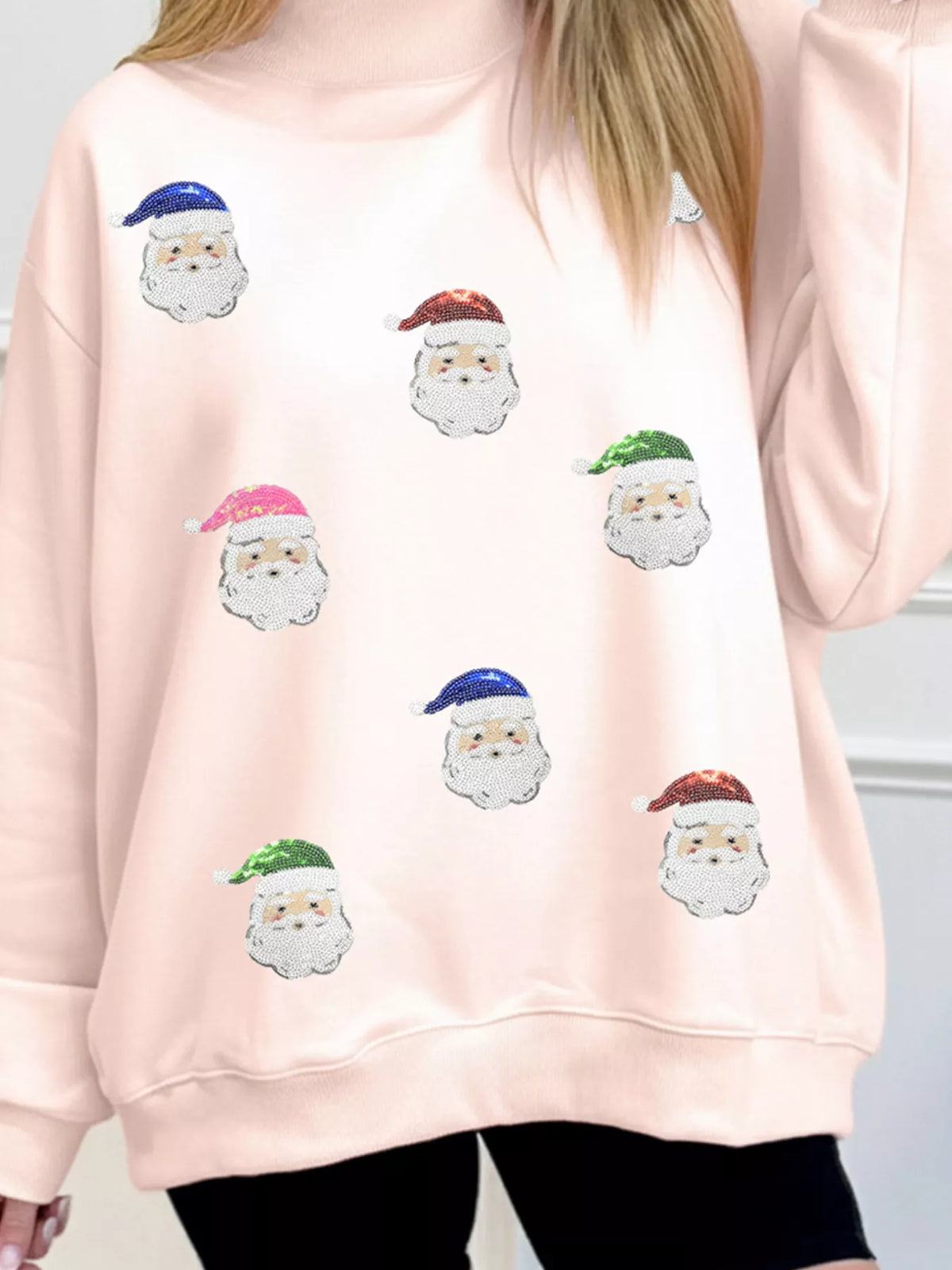 Pink Santa sequin mock neck sweatshirt — front view