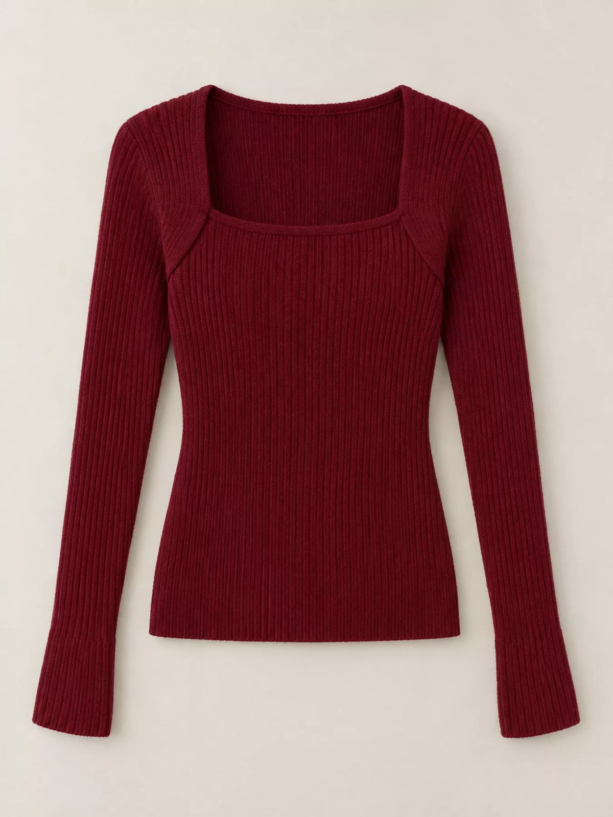 Burgundy square neck ribbed knit slim-fit top