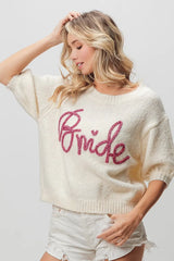 Trendsi BiBi Metallic Letter Short Puff Sleeve Hairy Sweater -