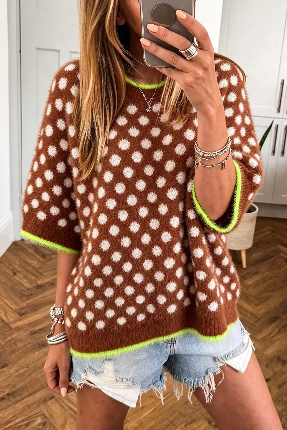 Caramel Polka-Dot Three-Quarter Sleeve Sweater front view