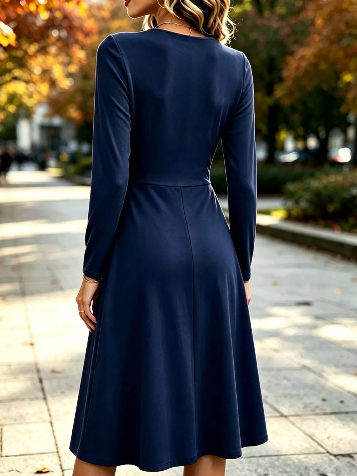 Women's V-Neck Ruched Waist Long Sleeve Midi Dress in navy — back view