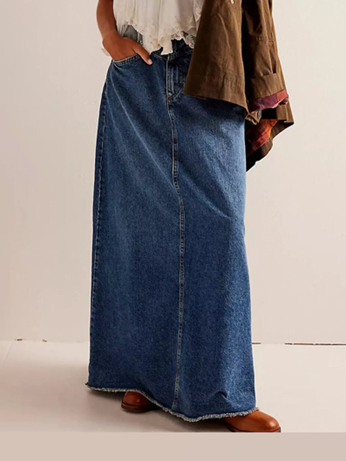 Raw Hem Maxi Denim Skirt — front view