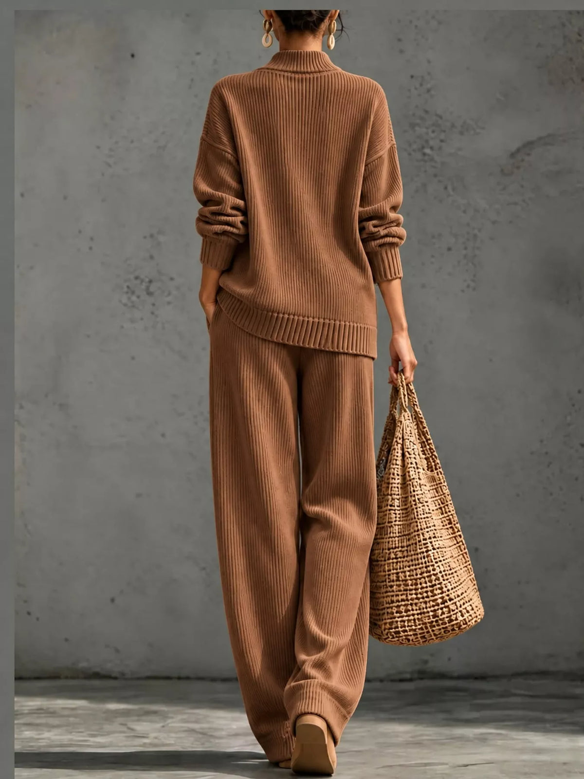 V-Neck Wrap Sweater and Wide-Leg Pants Set — back view