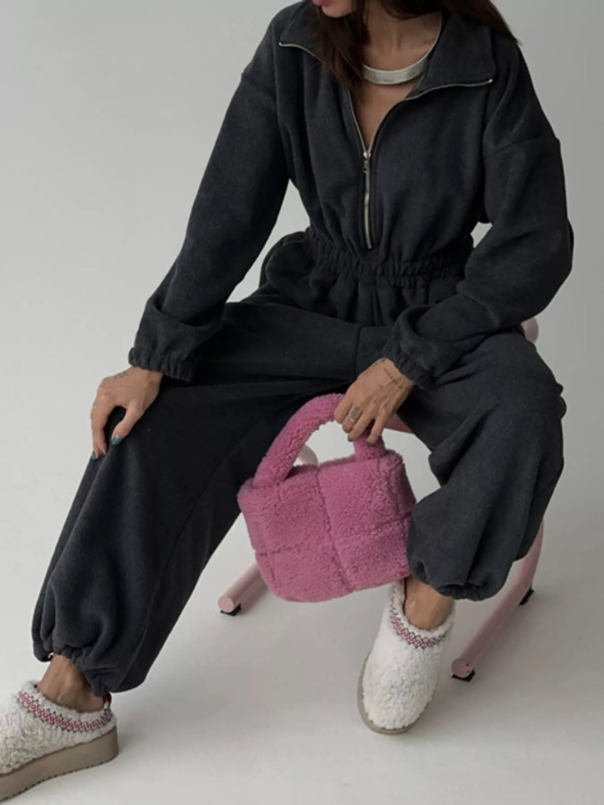 Zip Front Long Sleeve Jumpsuit — front view