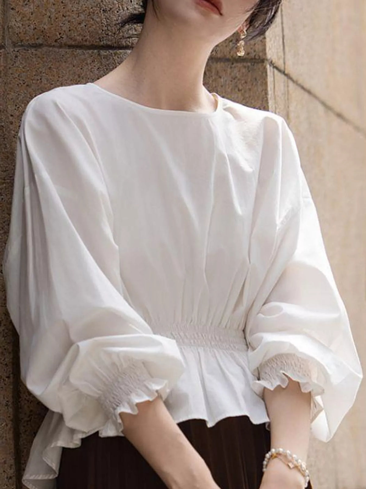 Smocked Waist Lantern Sleeves Blouse — front view