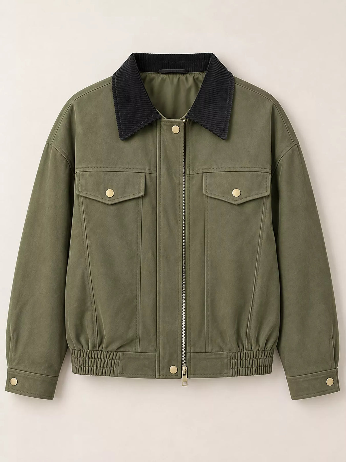 Green zip-up dropped shoulder jacket — front view