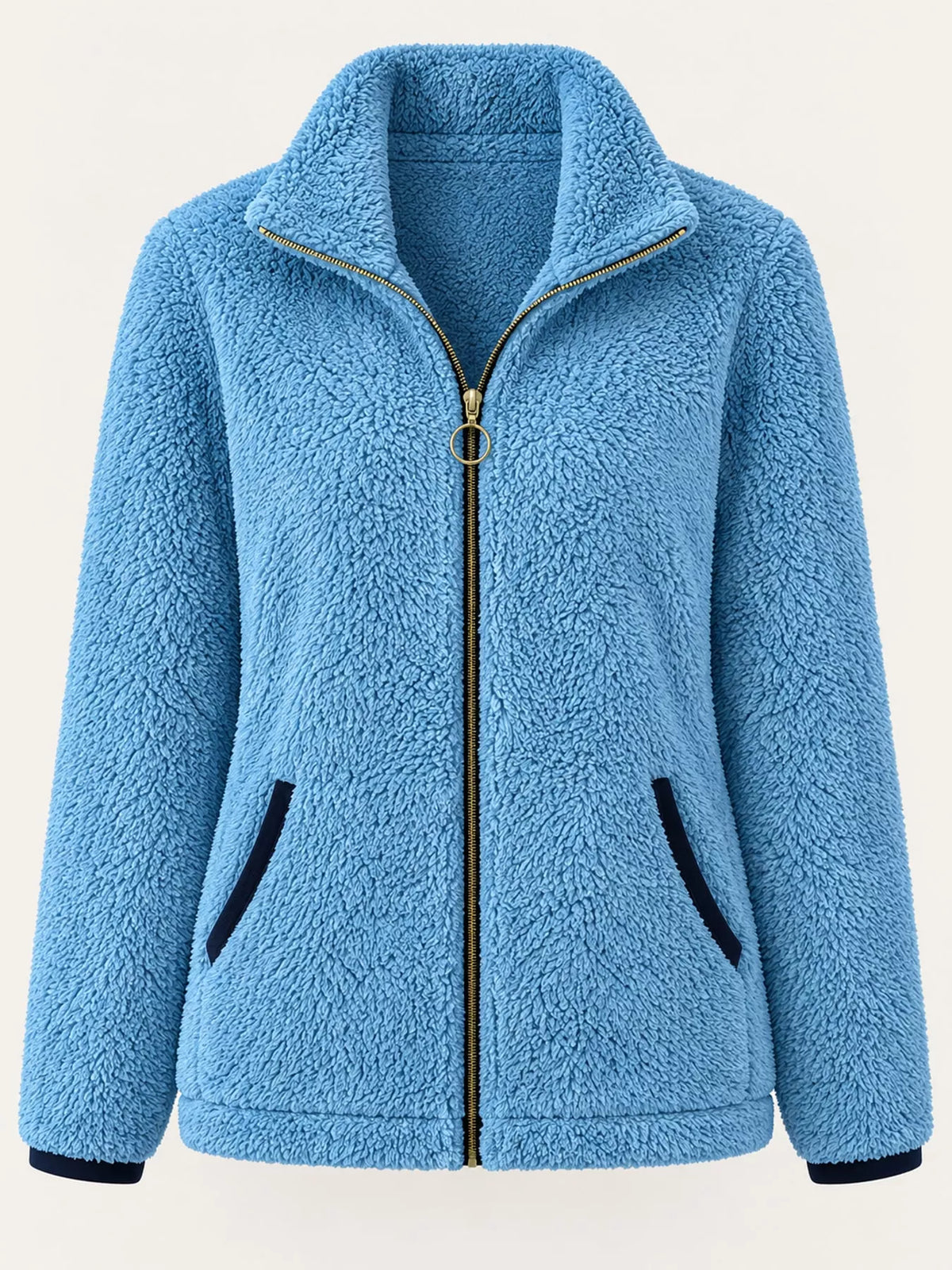 Contrast-trim fleece jacket, blue hanging front