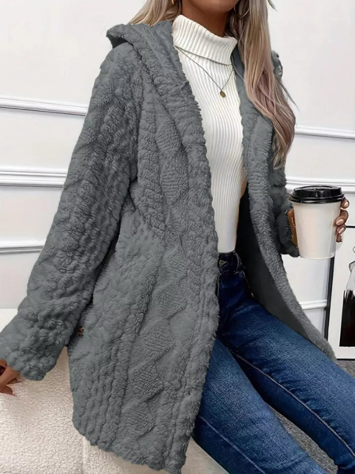 Gray cable knit faux fur hooded jacket
