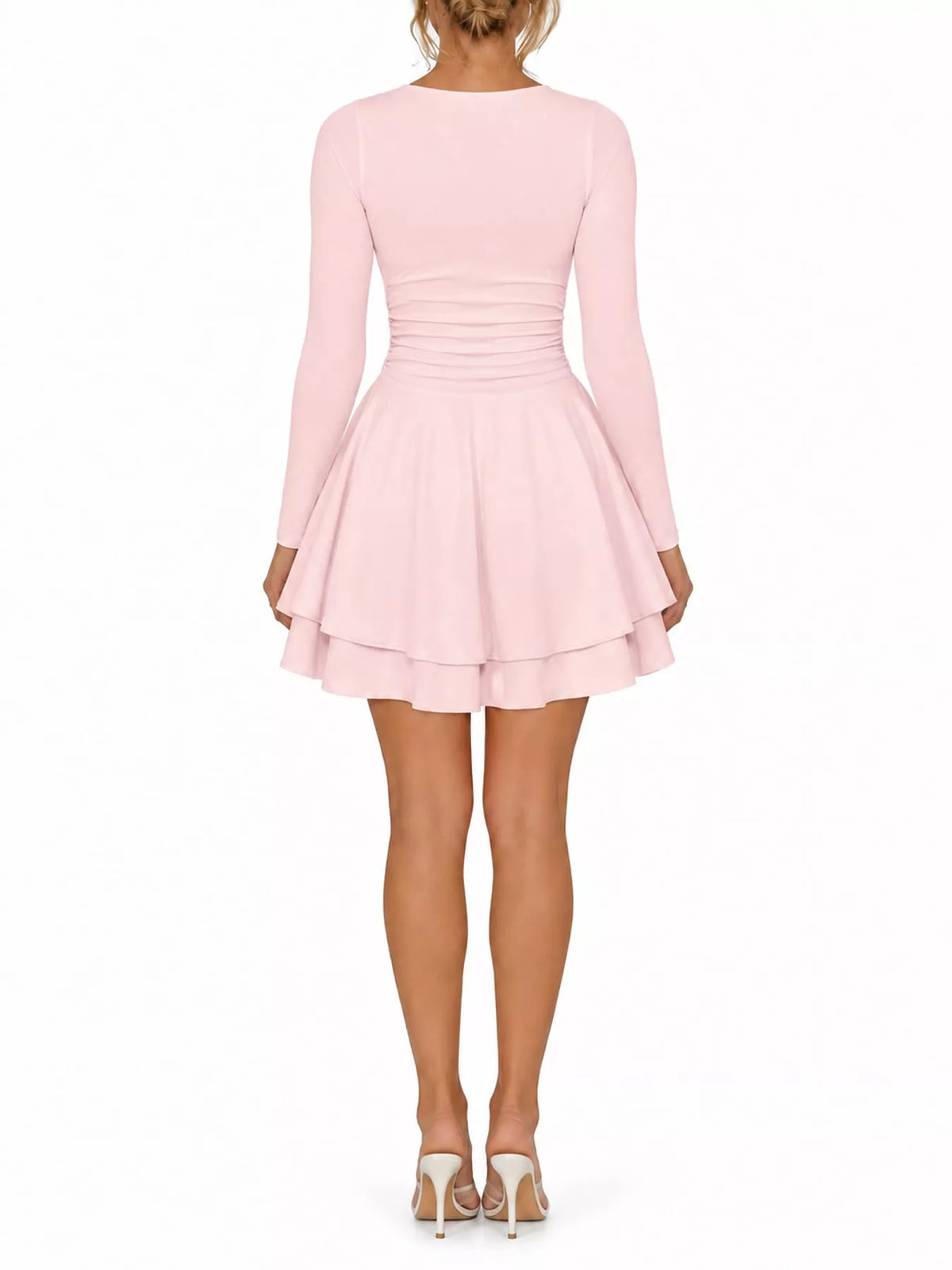 Square neck long sleeve mini dress, back view