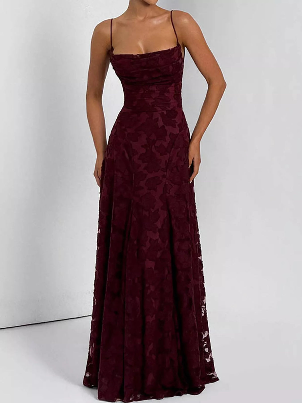 Burgundy backless lace maxi dress, front view