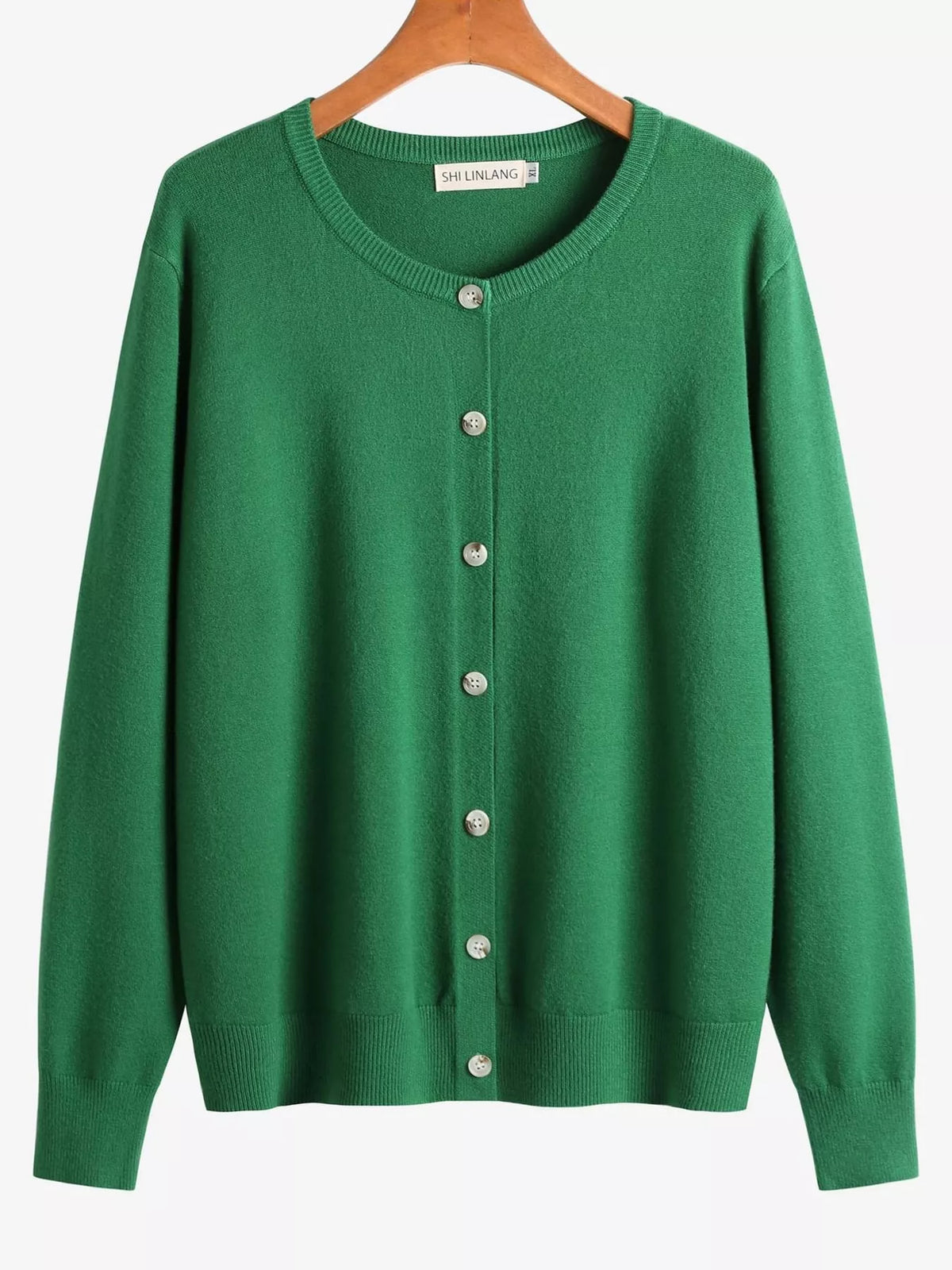 Green crew neck button down knit cardigan, front view