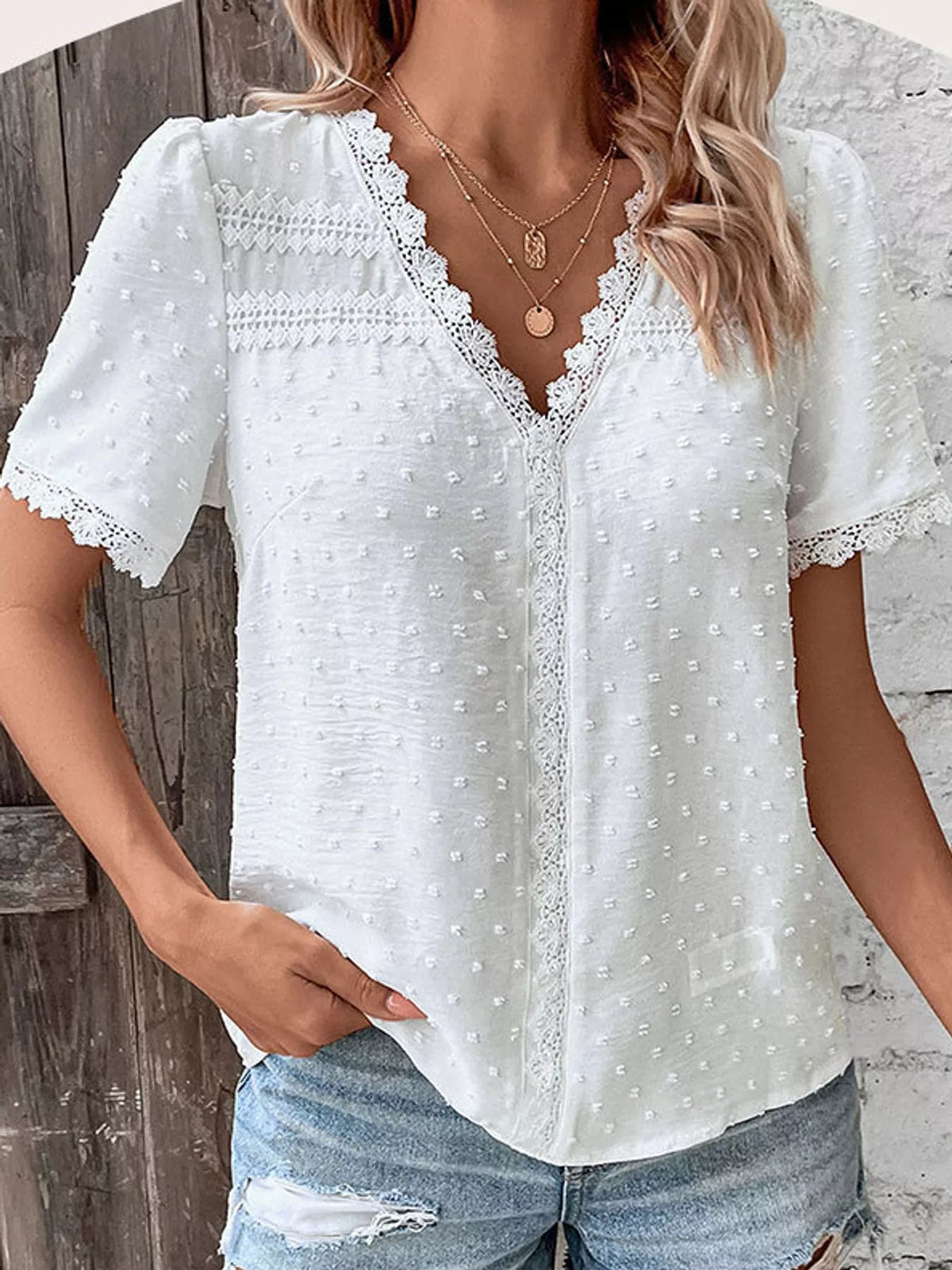 White swiss dot v-neck blouse with lace trim