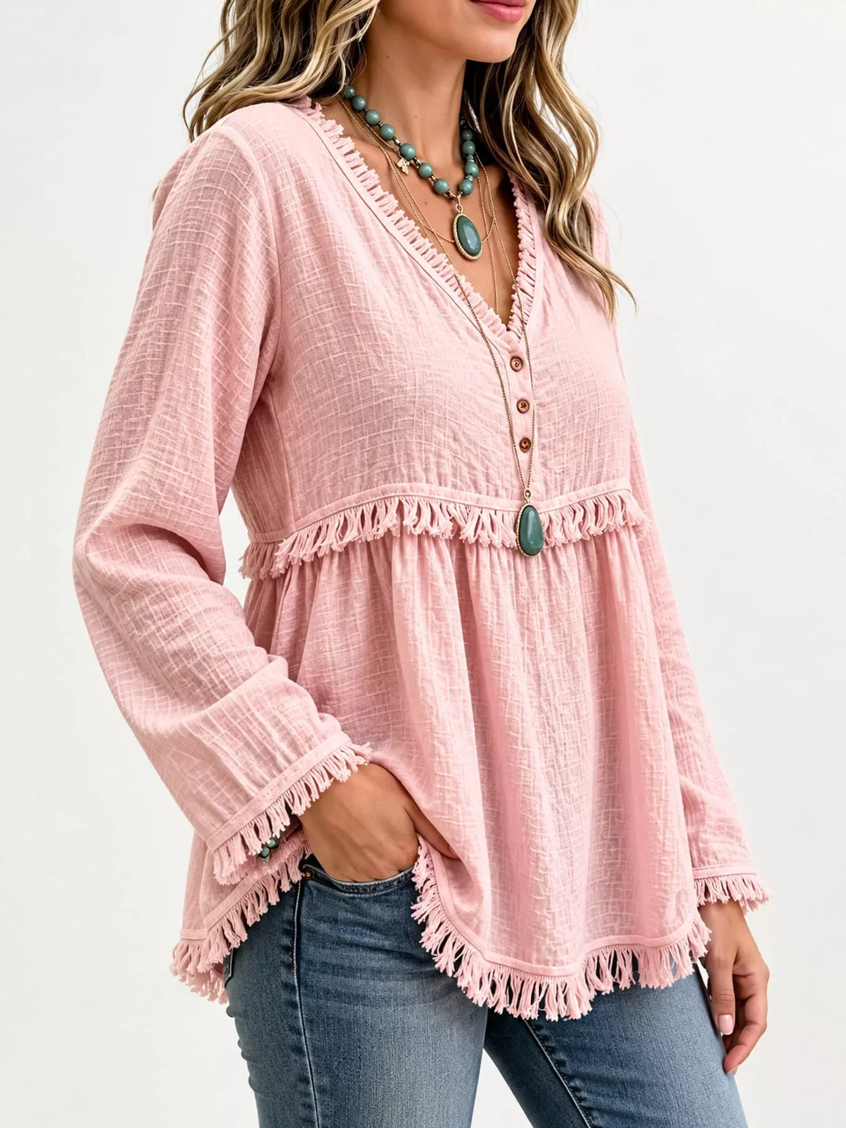Fringe-trim blouse, blush side