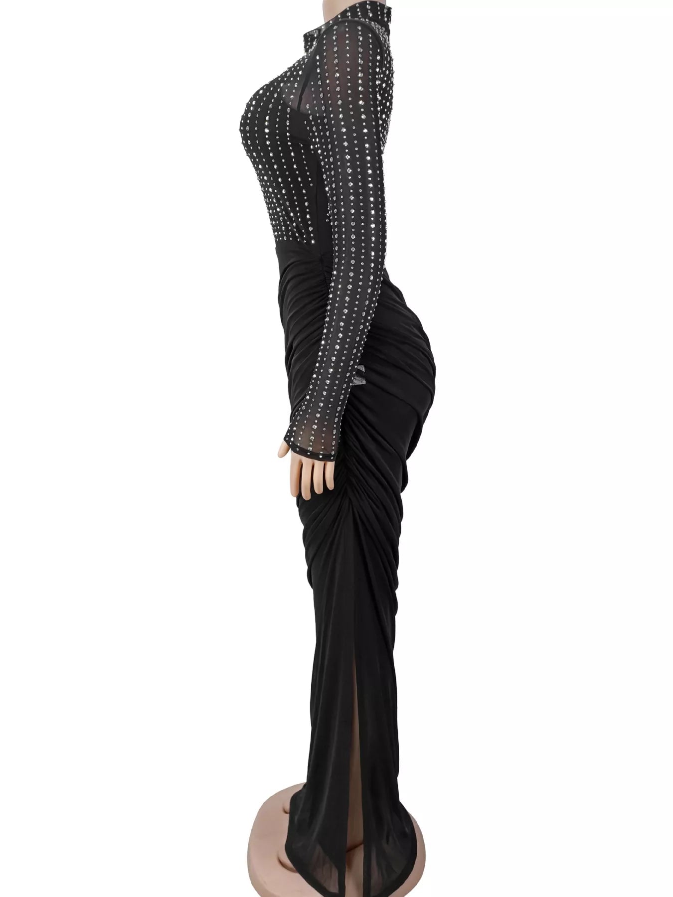 Trendsi Rhinestone Mock Neck Ruched Maxi Dress -