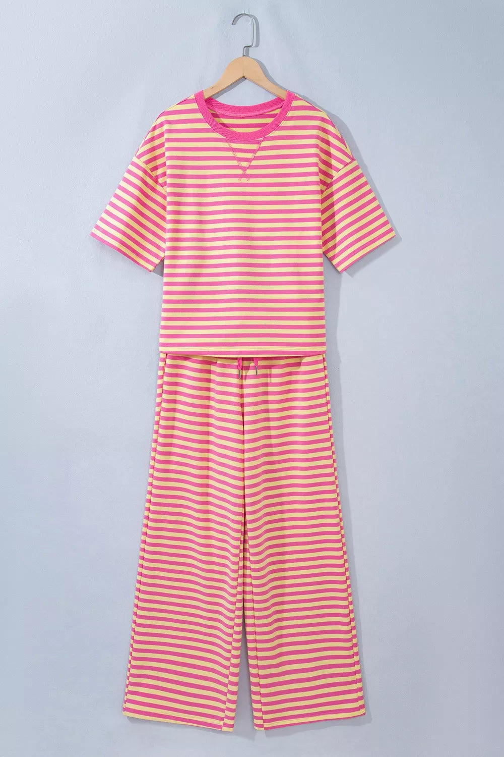 Trendsi Stripe Colorblock Trim Crew Neck Loose Tee Drawstring Elastic Waist 2pcs Pant Set -