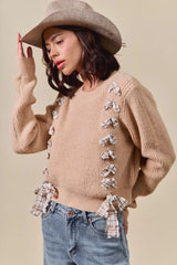 Trendsi SO ME Checkered Plaid Tape Lace Up Ribbed Sweater -