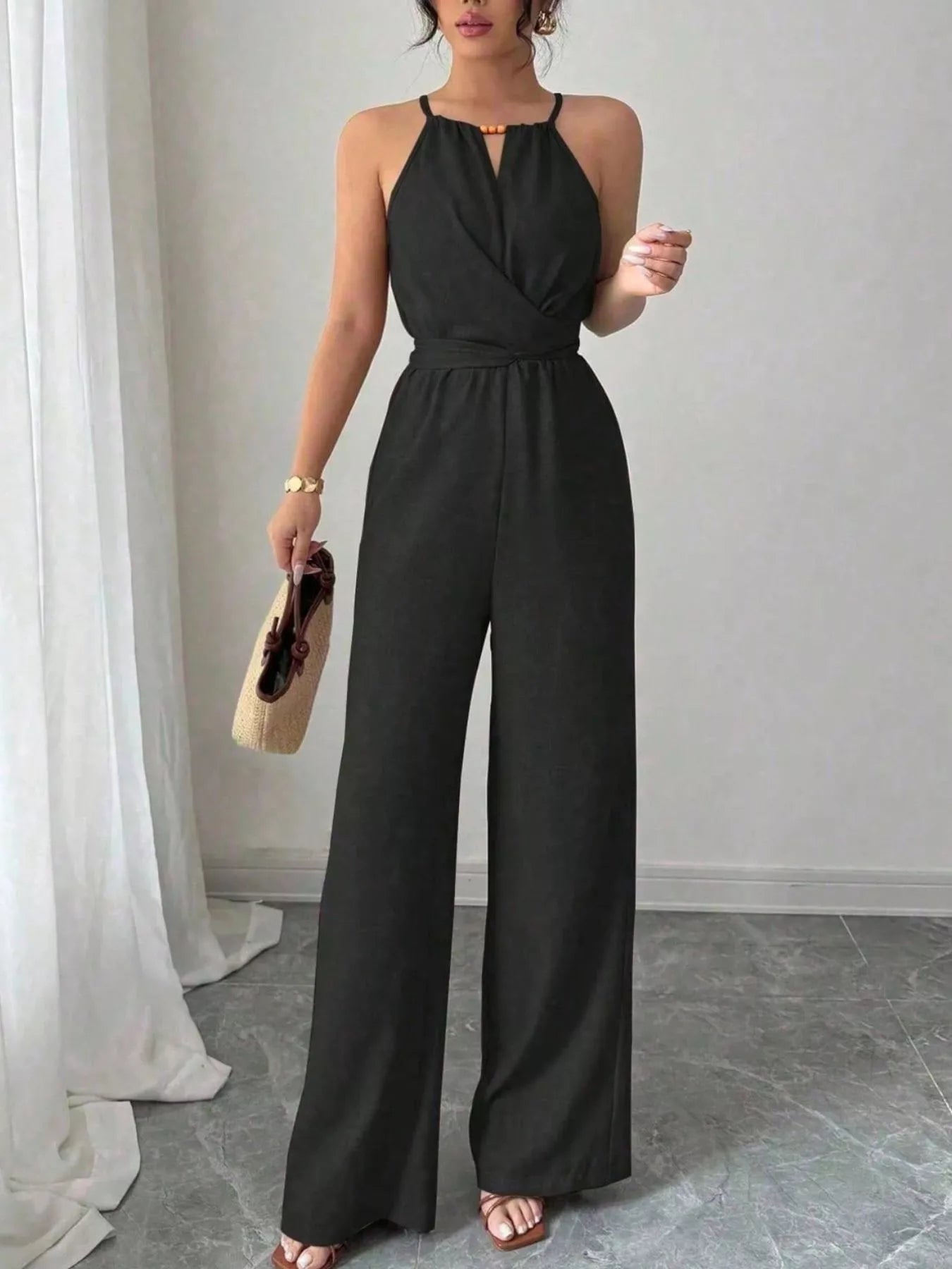 Trendsi Sleeveless Tie Waist Wide-Leg Jumpsuit -