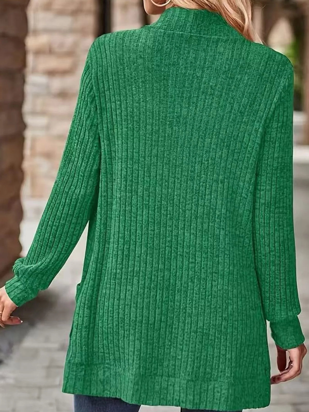 Green ribbed open-front longline cardigan, back view