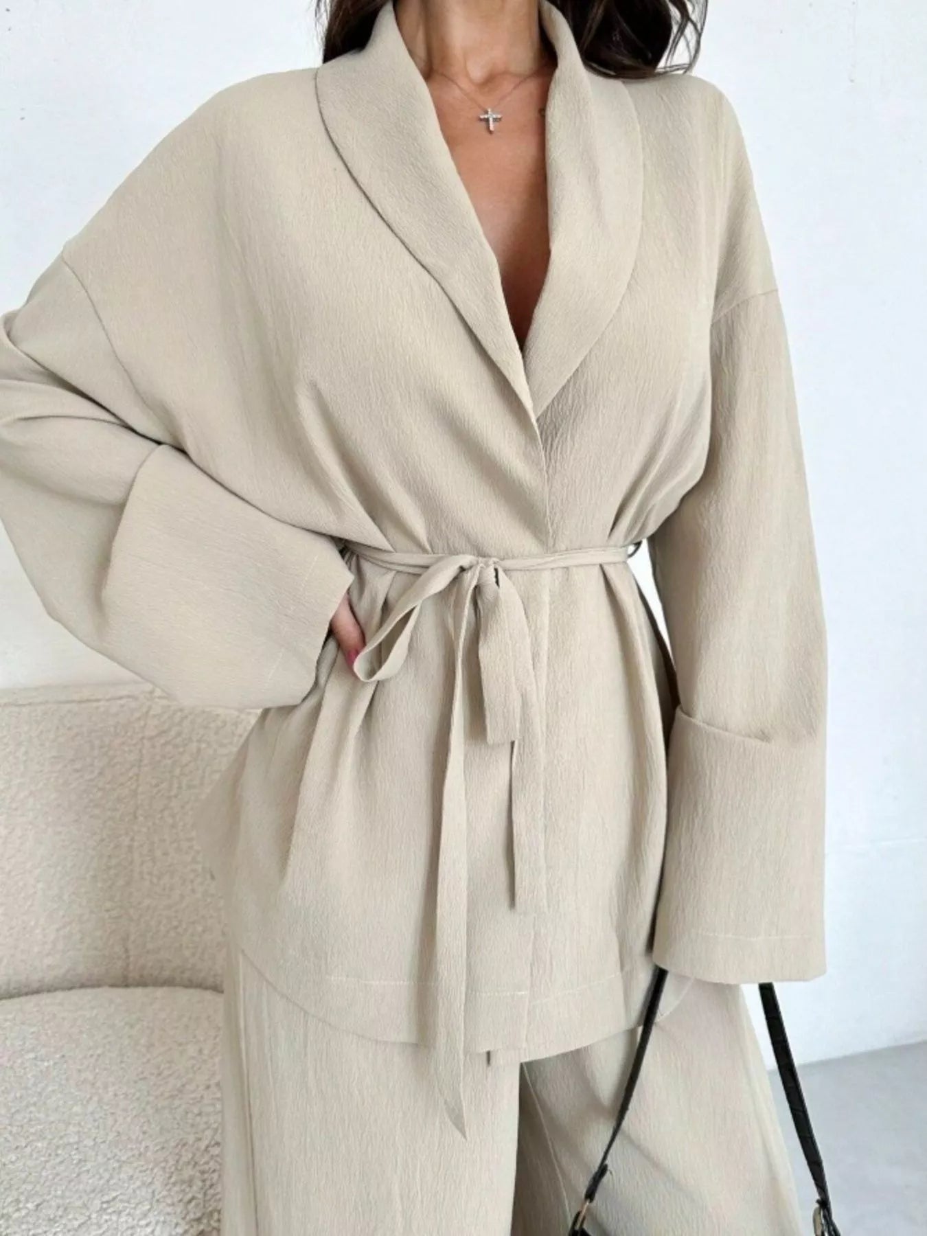 Trendsi Textured Tie Waist Top and Wide-Leg Pants Set -