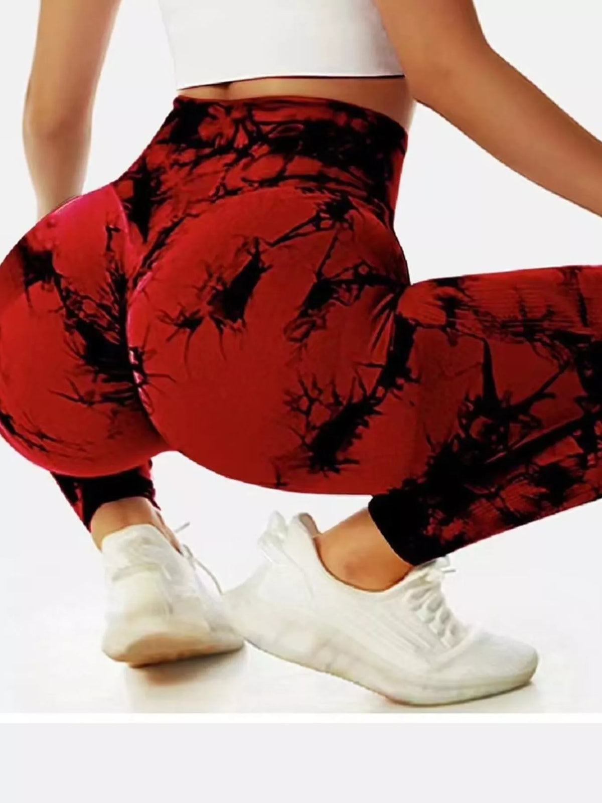 Red high-waisted tie dye seamless active leggings, back view