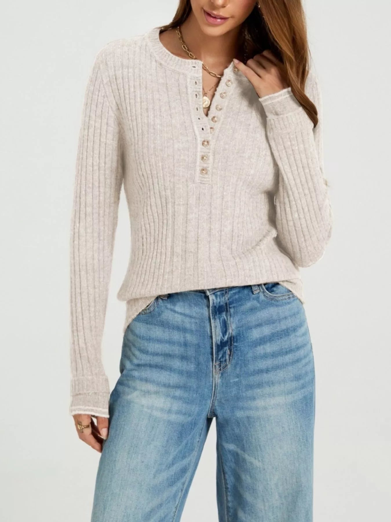 Trendsi Button Detail Ribbed Knit Top -