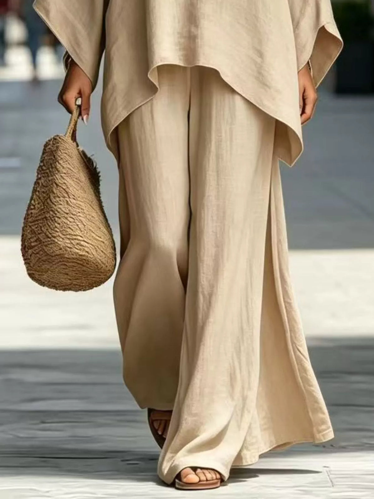 Khaki matching wide-leg pants and top hem detail