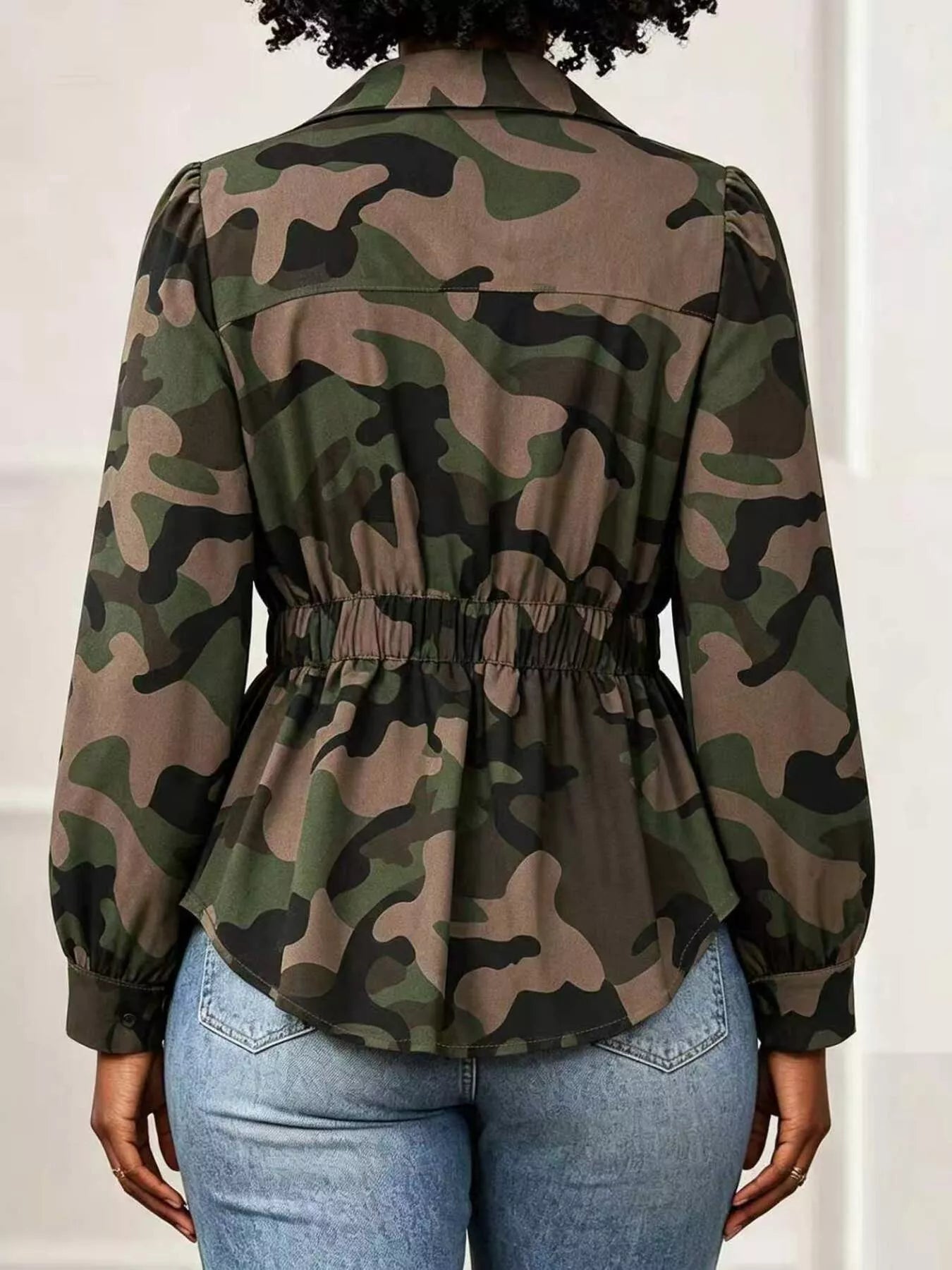Trendsi Camouflage Button Front Long Sleeve Blouse -