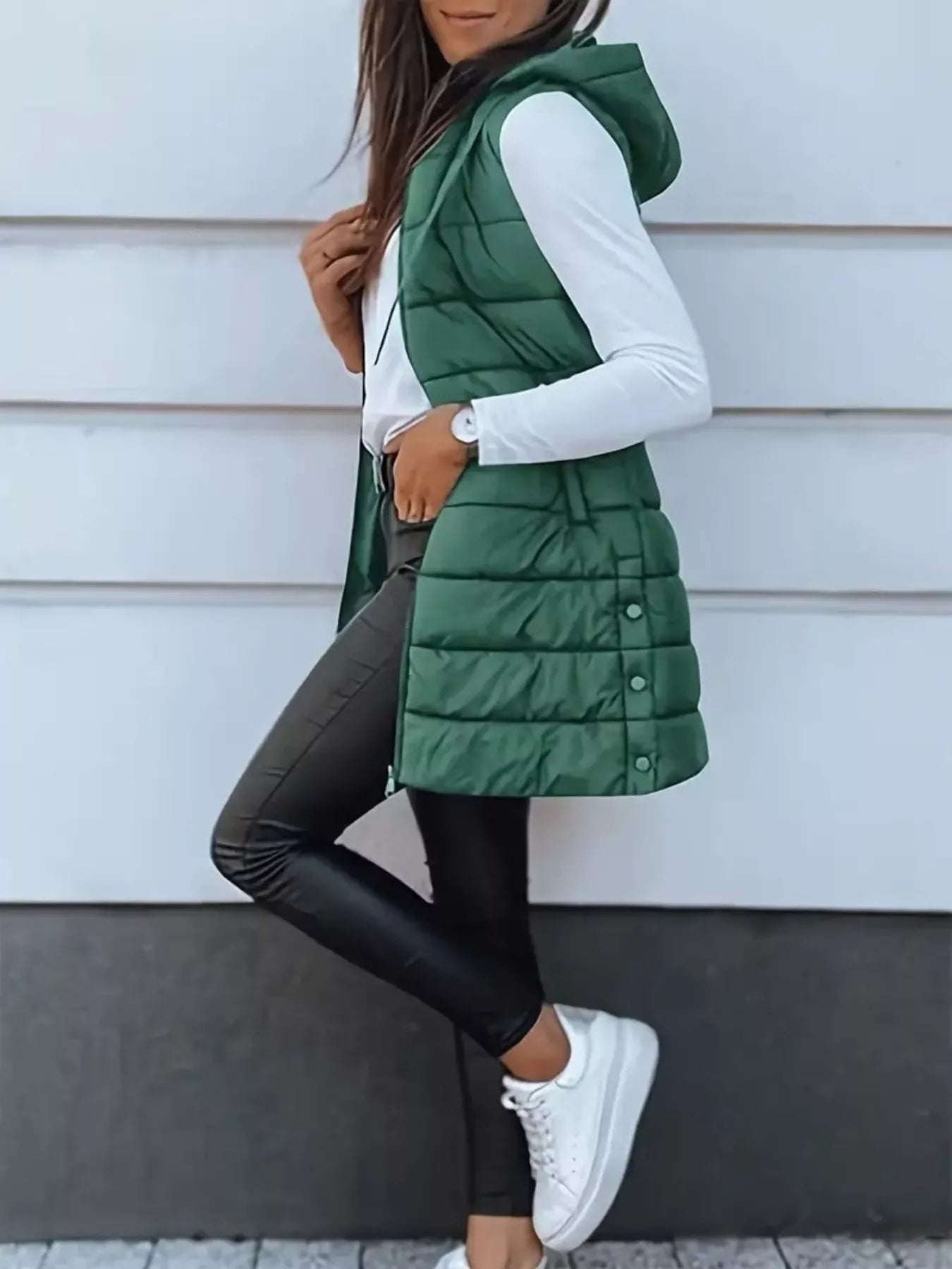 Trendsi Zip Up Longline Hooded Puffer Vest Coat -