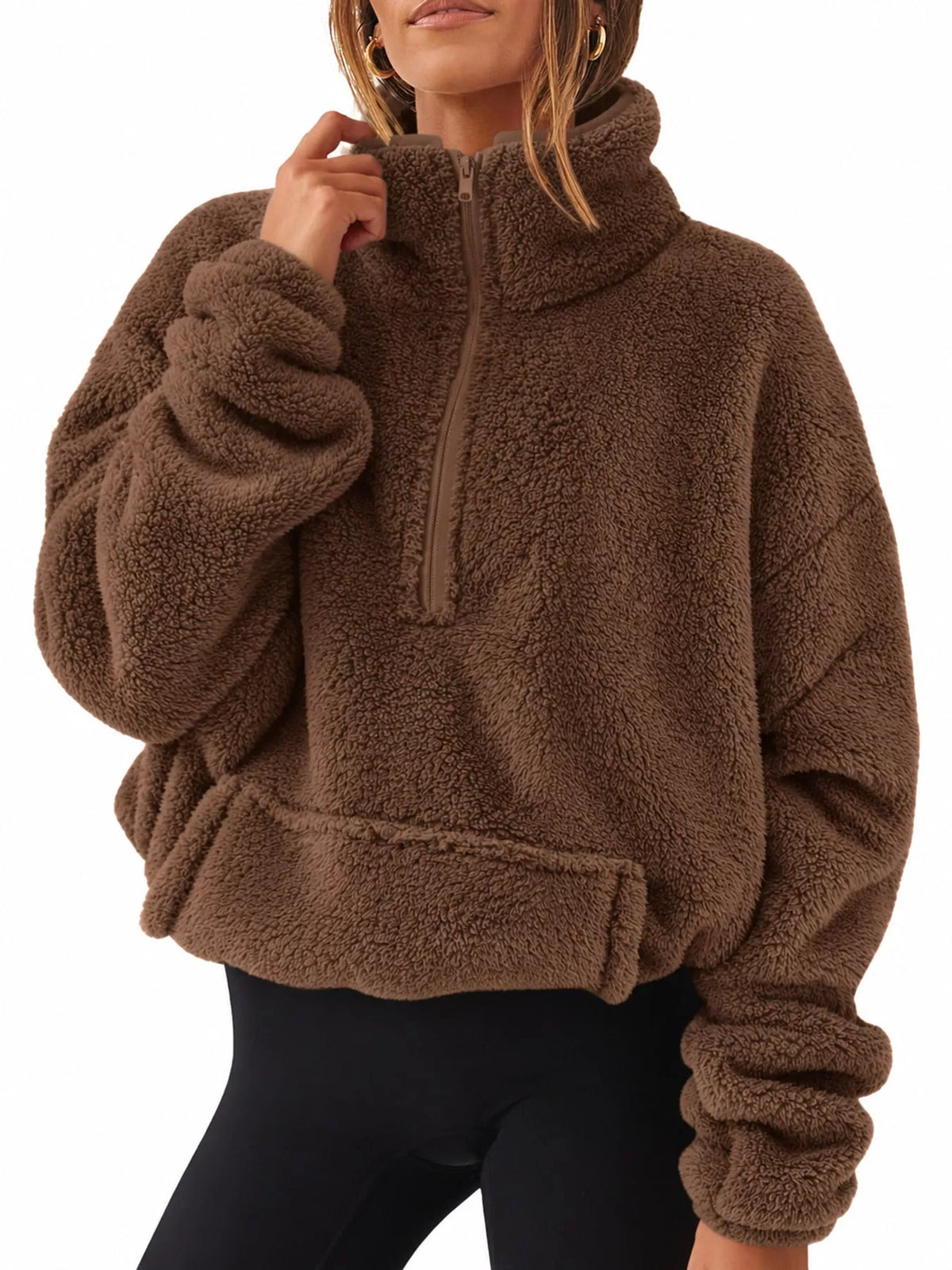 Sherpa quarter-zip sweatshirt, brown front