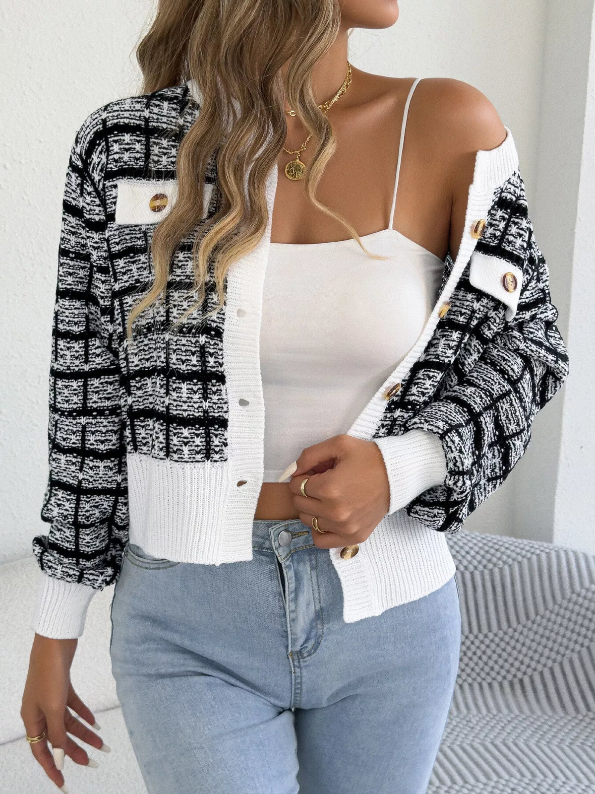 White plaid tweed-style knit cardigan