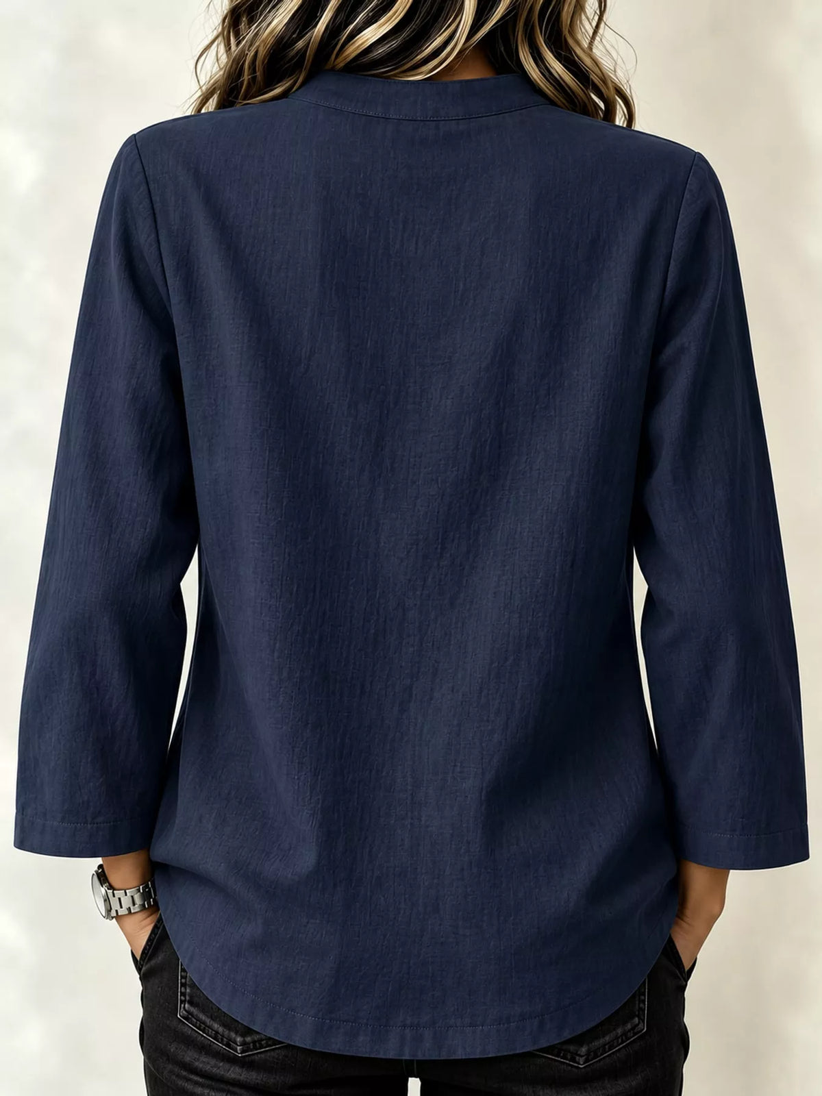 Chinese Style Mandarin Collar Blouse in navy, back view