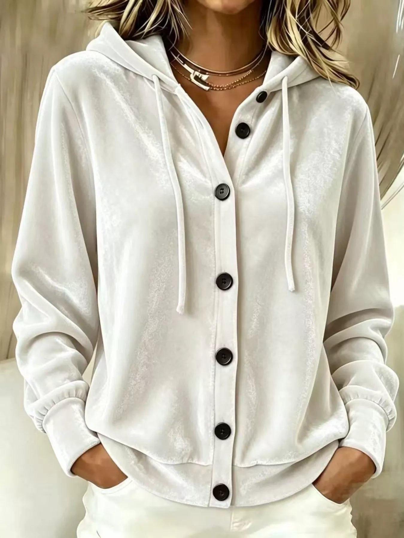 Trendsi Full Size Velvet Button-Down Hooded Outerwear Plus Size -