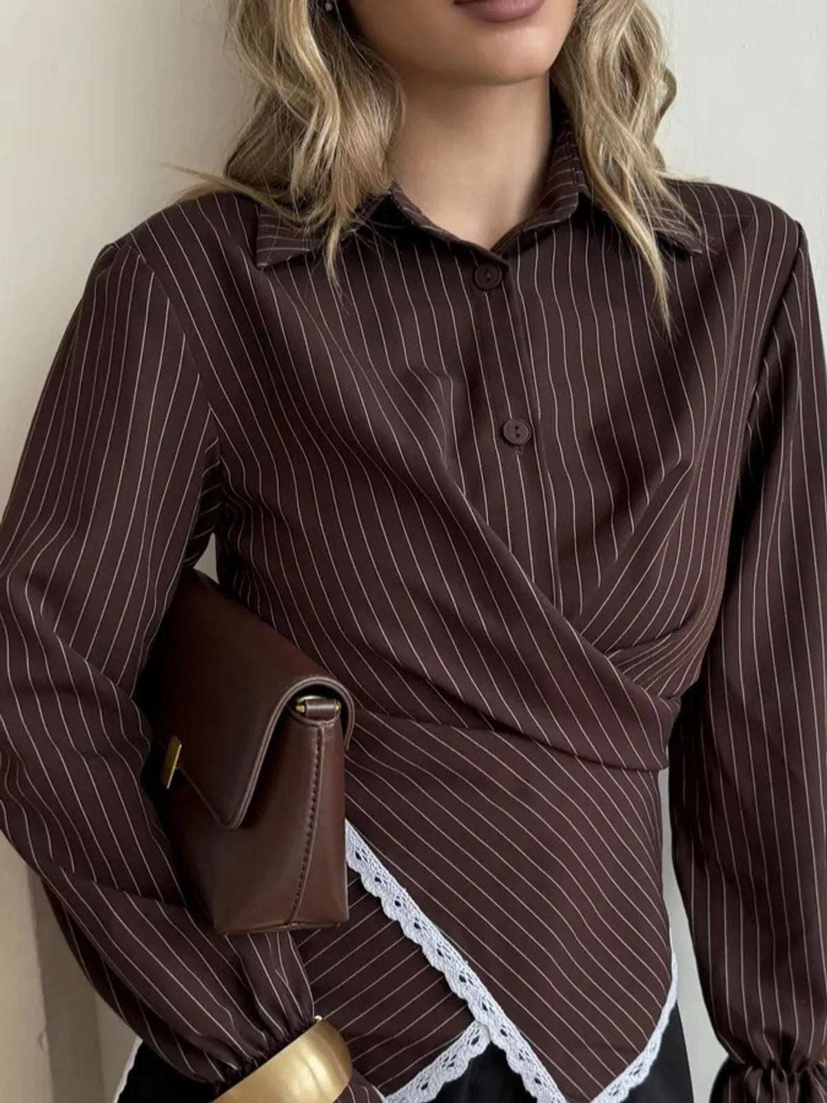 Lace-trim striped shirt, brown front