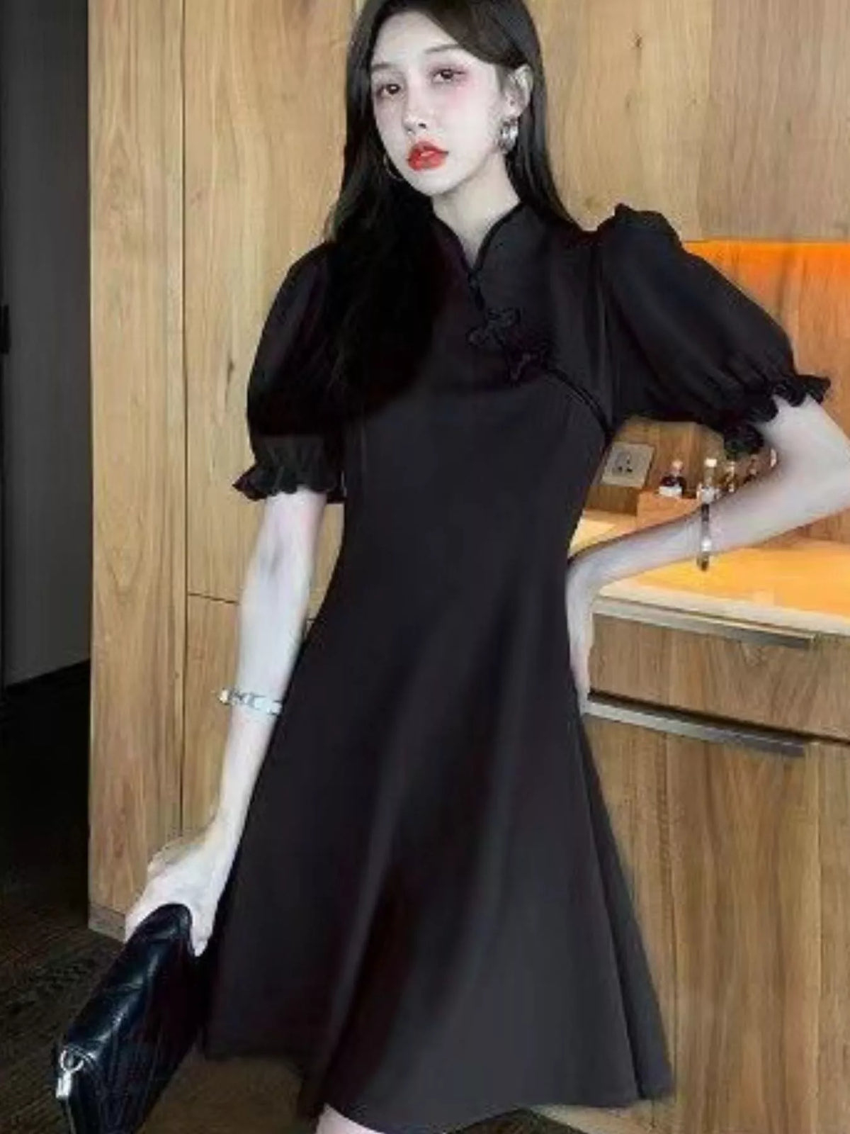 Mandarin neck short sleeve mini dress, front view on model