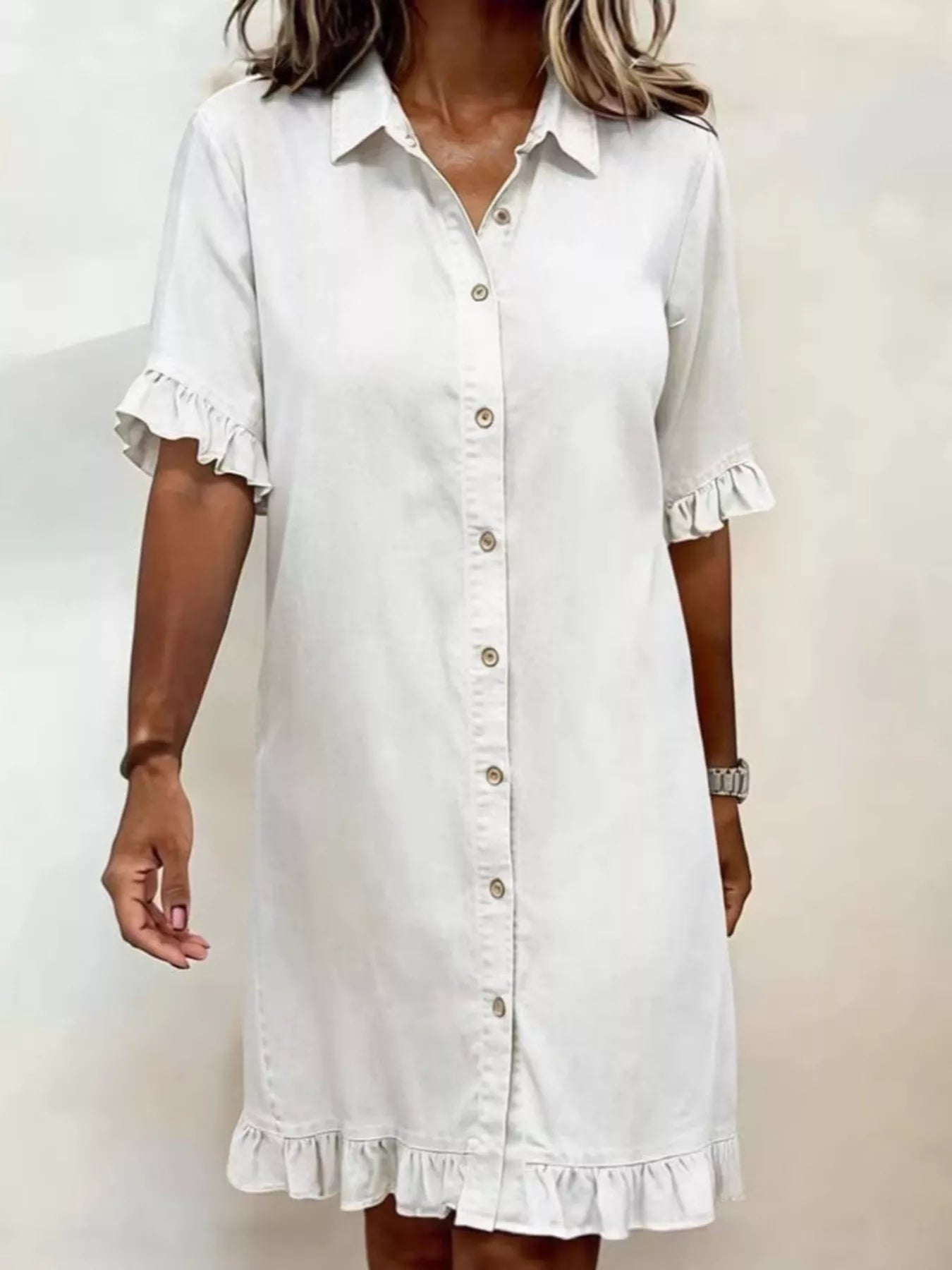 Trendsi Full Size Ruffled Hem Denim Shirt Dress Plus Size -
