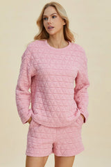 Trendsi Double Take Full Size Texture Round Neck Long Sleeve Top and Shorts Set -