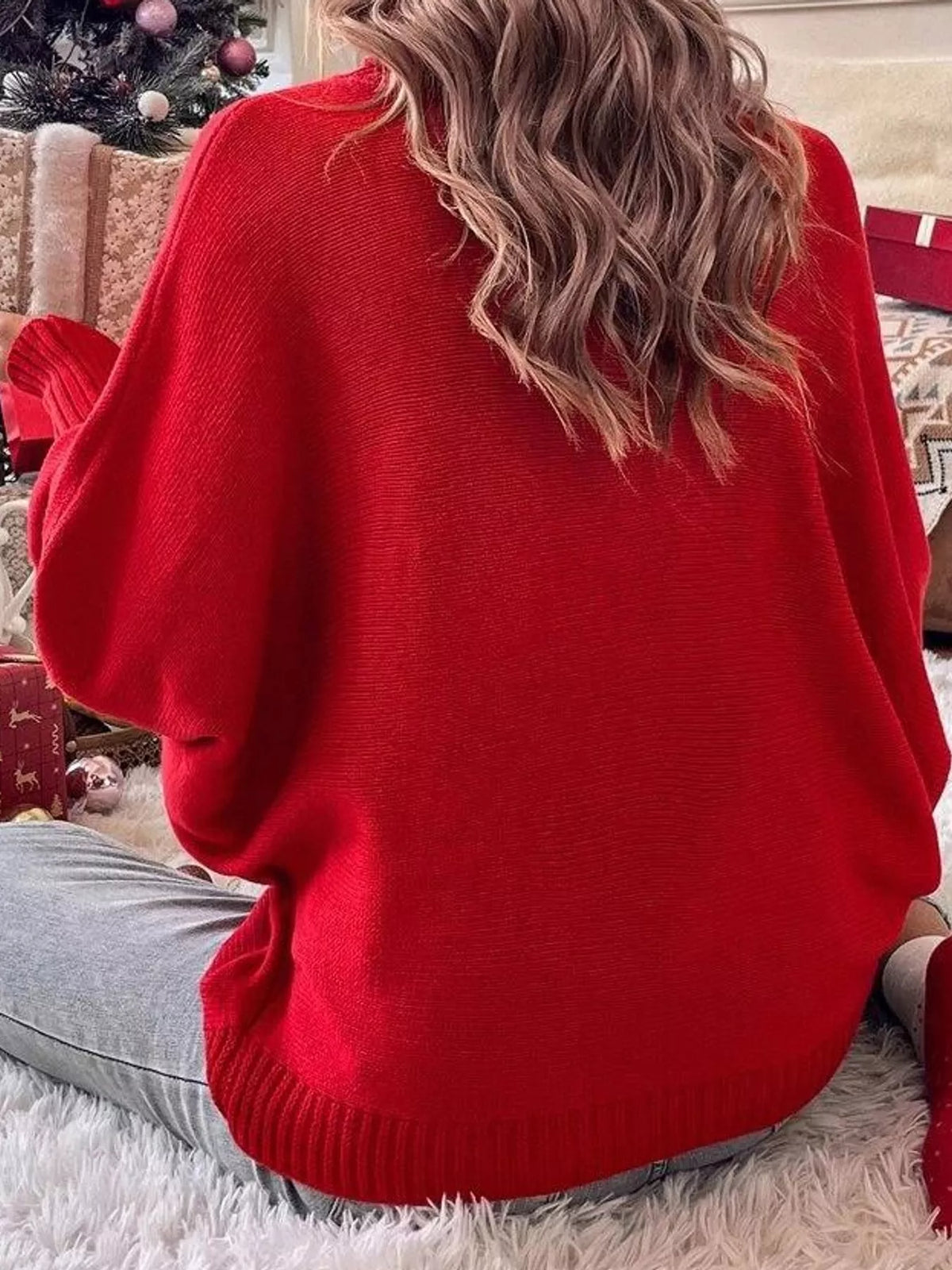 Red lettering turtleneck sweater, back view