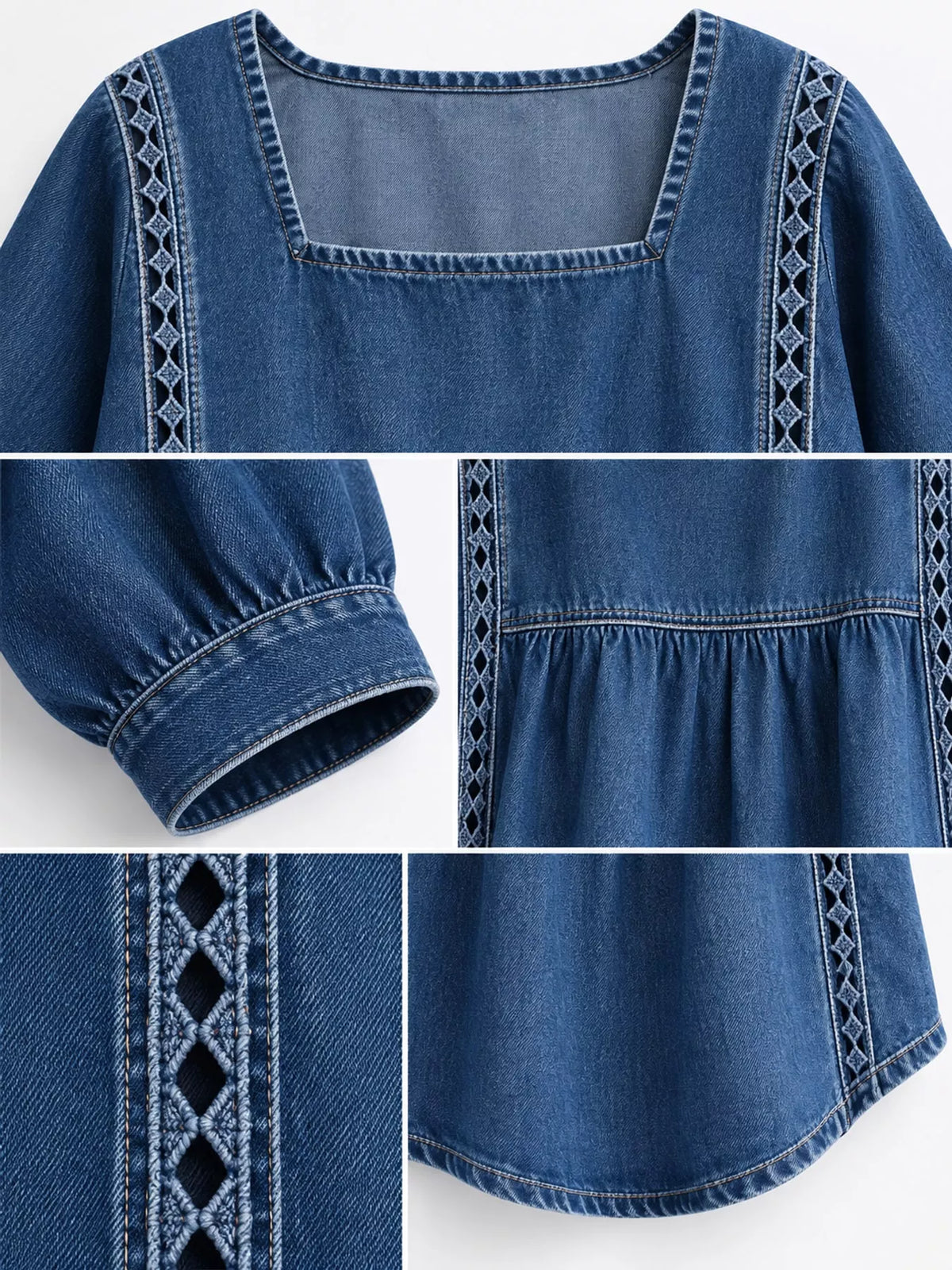 Navy square neck embroidered denim blouse