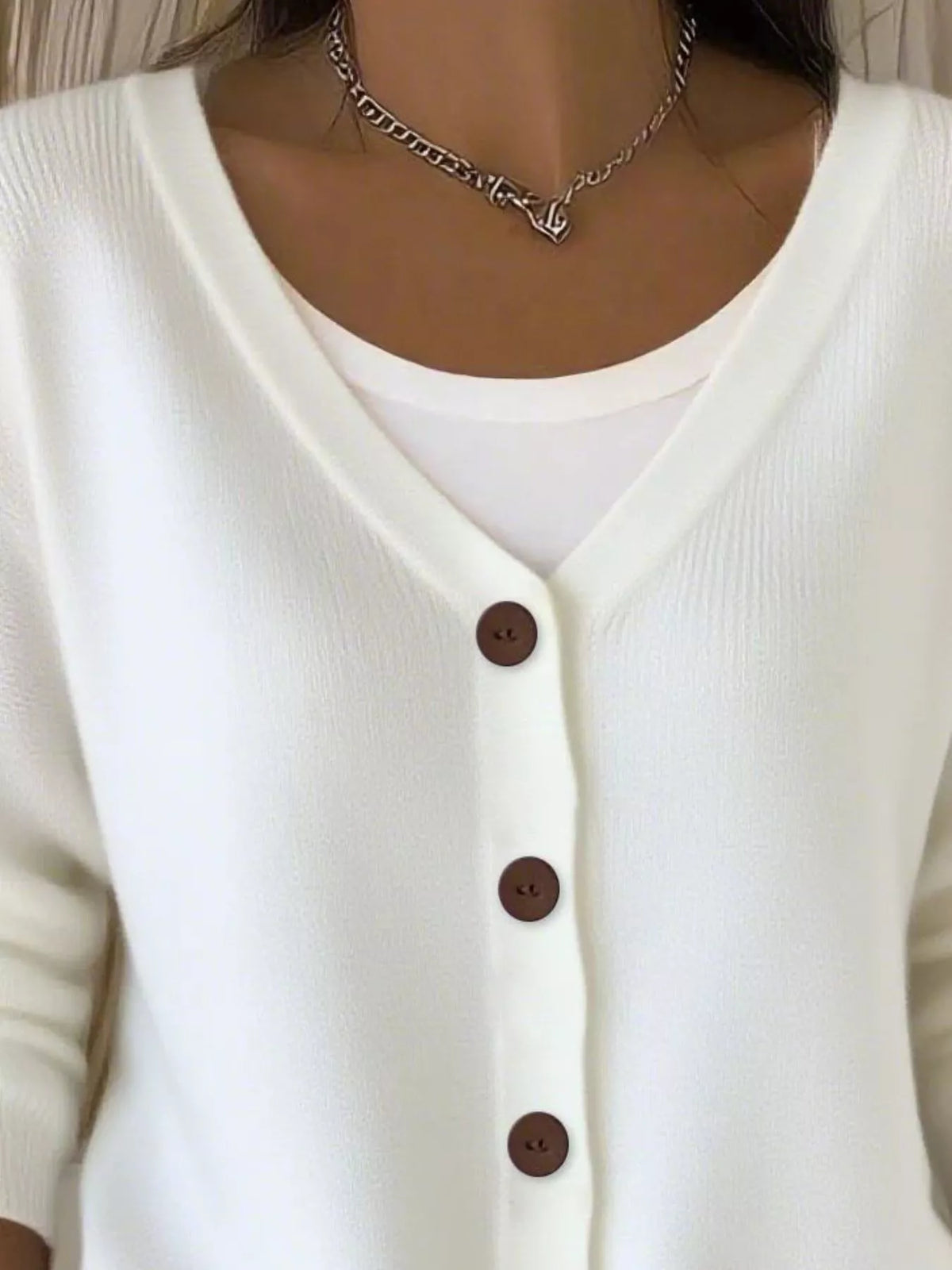 Women's V-Neck Button-Down Knit Cardigan in white — front view