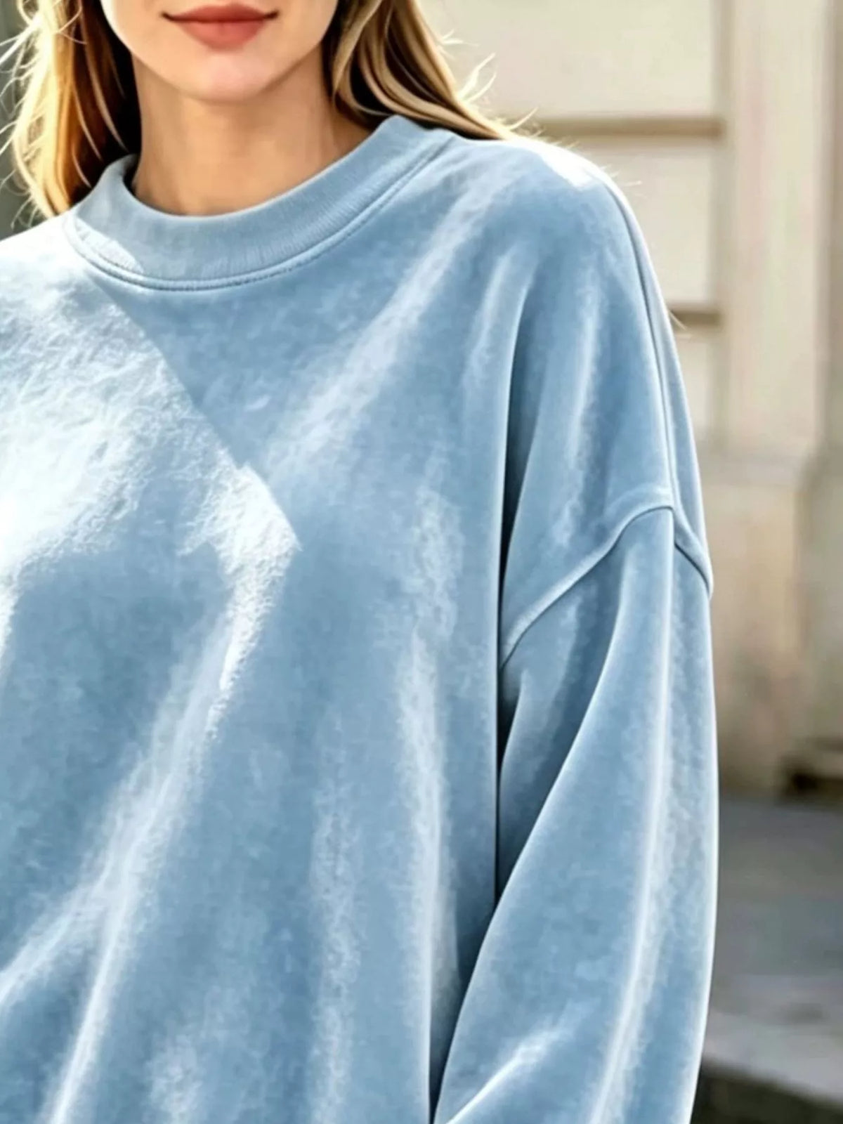 Women's Velvet Crew Neck Dropped Shoulder Sweatshirt in light blue — texture detail view