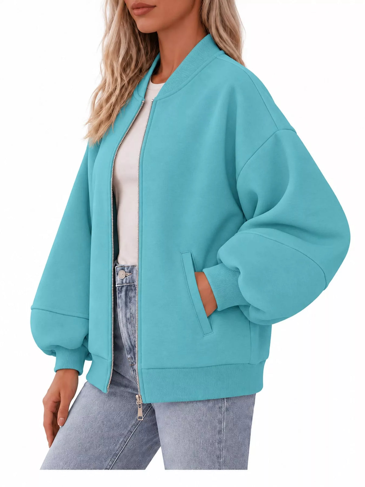 Turquoise oversized zip-up jacket — side view