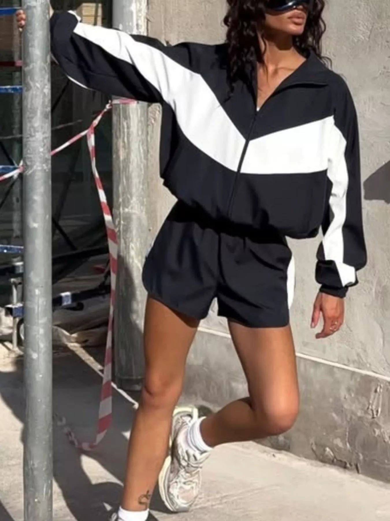 Trendsi Color-Block Zip-Up Jacket and Shorts Set -