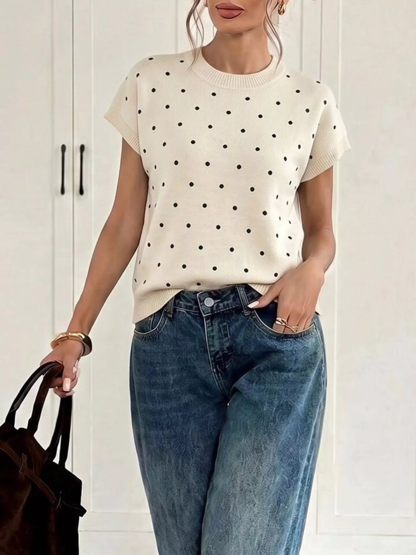Trendsi Polka Dot Short Sleeve Knit Sweater -