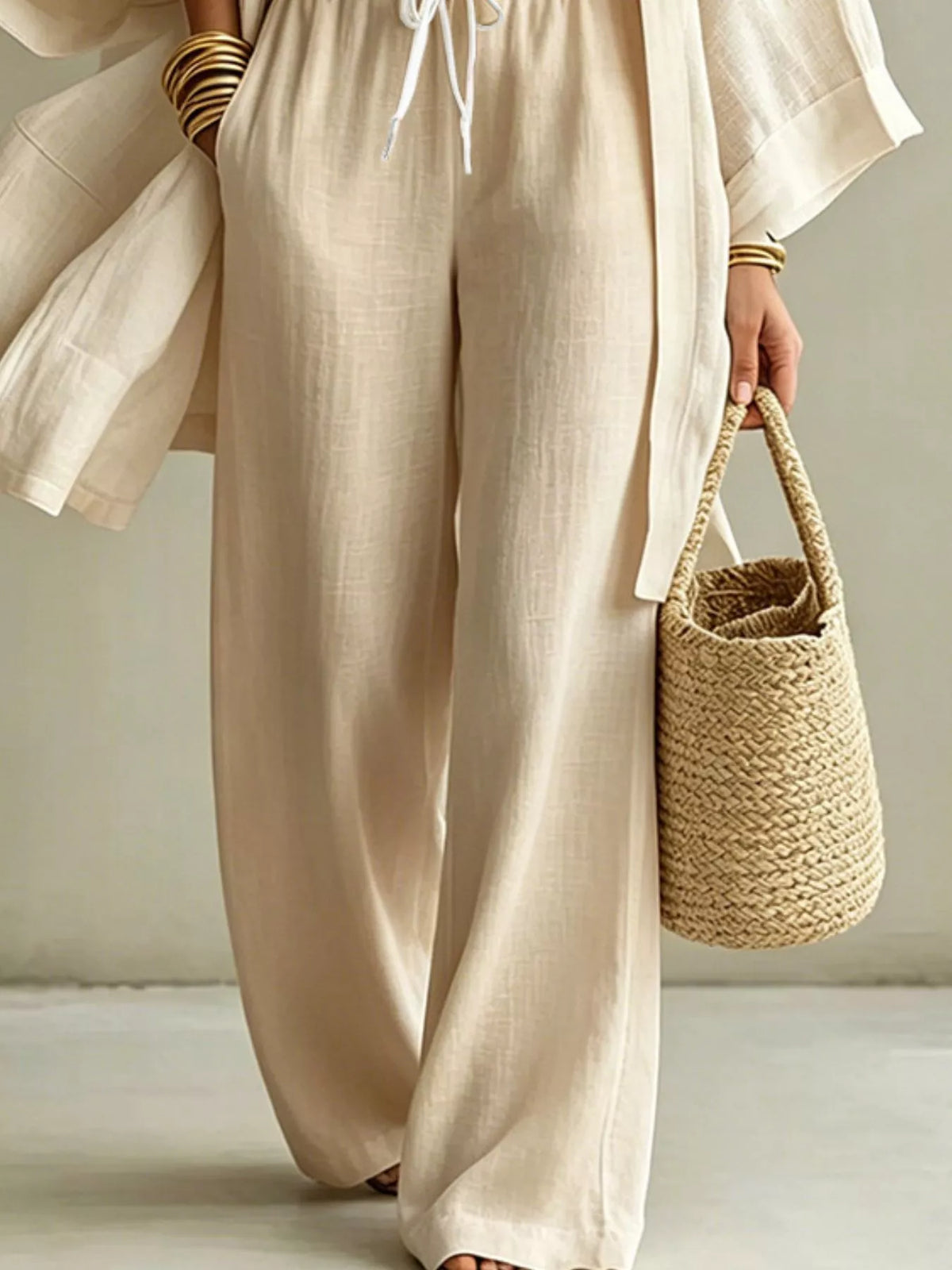 V-Neck Top, Cardigan and Pants Three-Piece Set in beige, construction detail