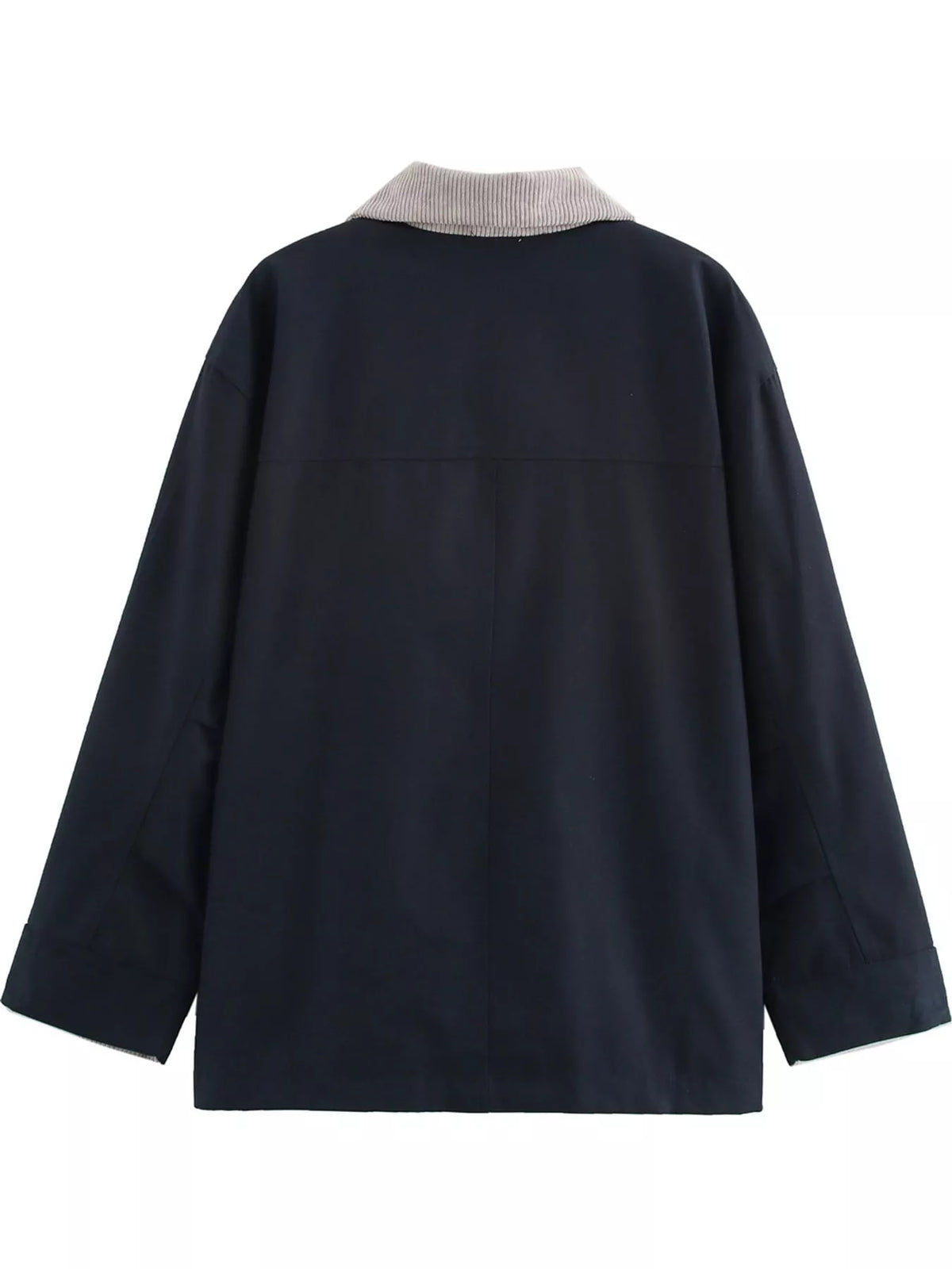 Navy contrast corduroy collar button-up jacket — back view