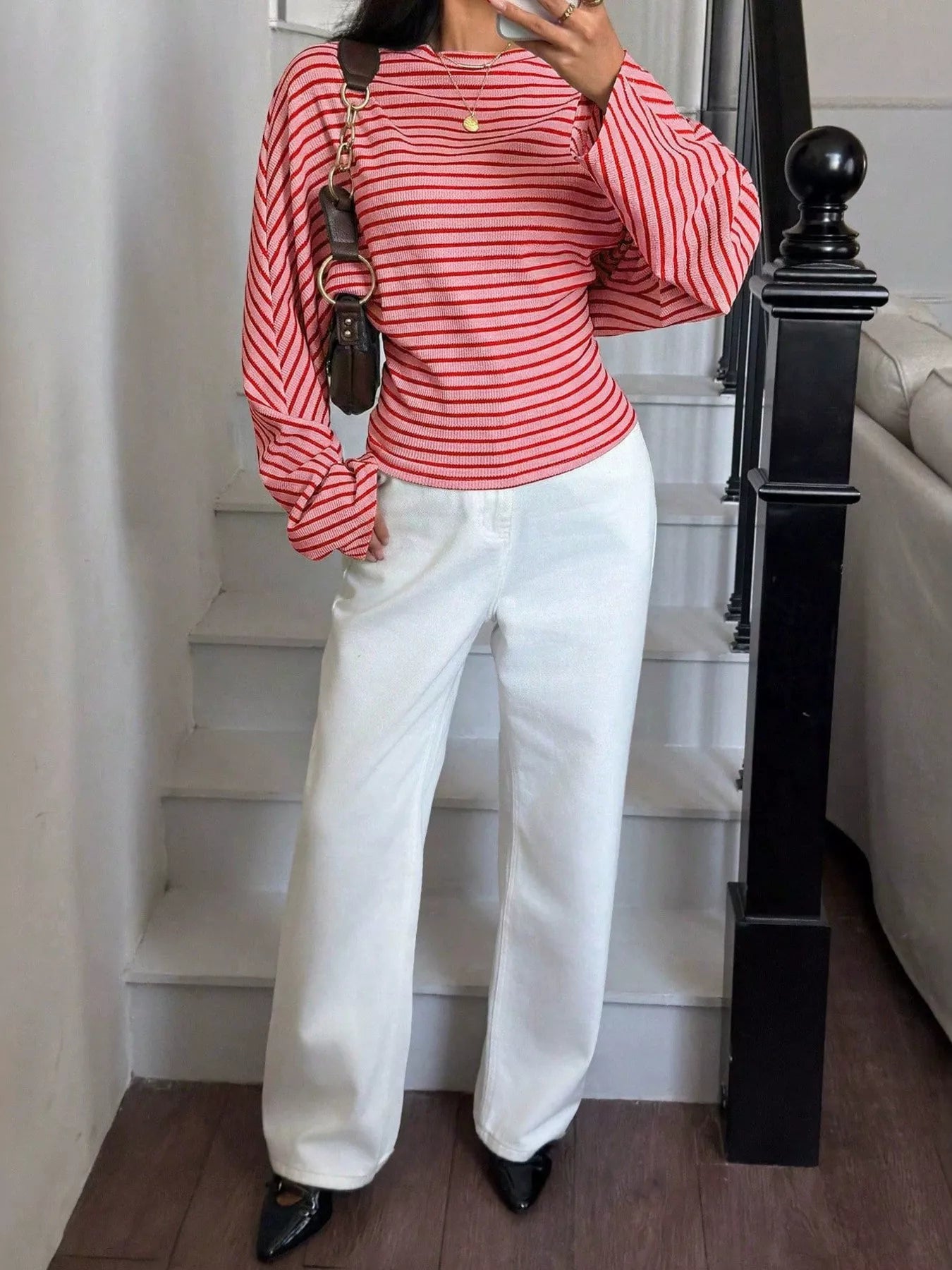 Trendsi Casual Striped Batwing Sleeve T-Shirt -
