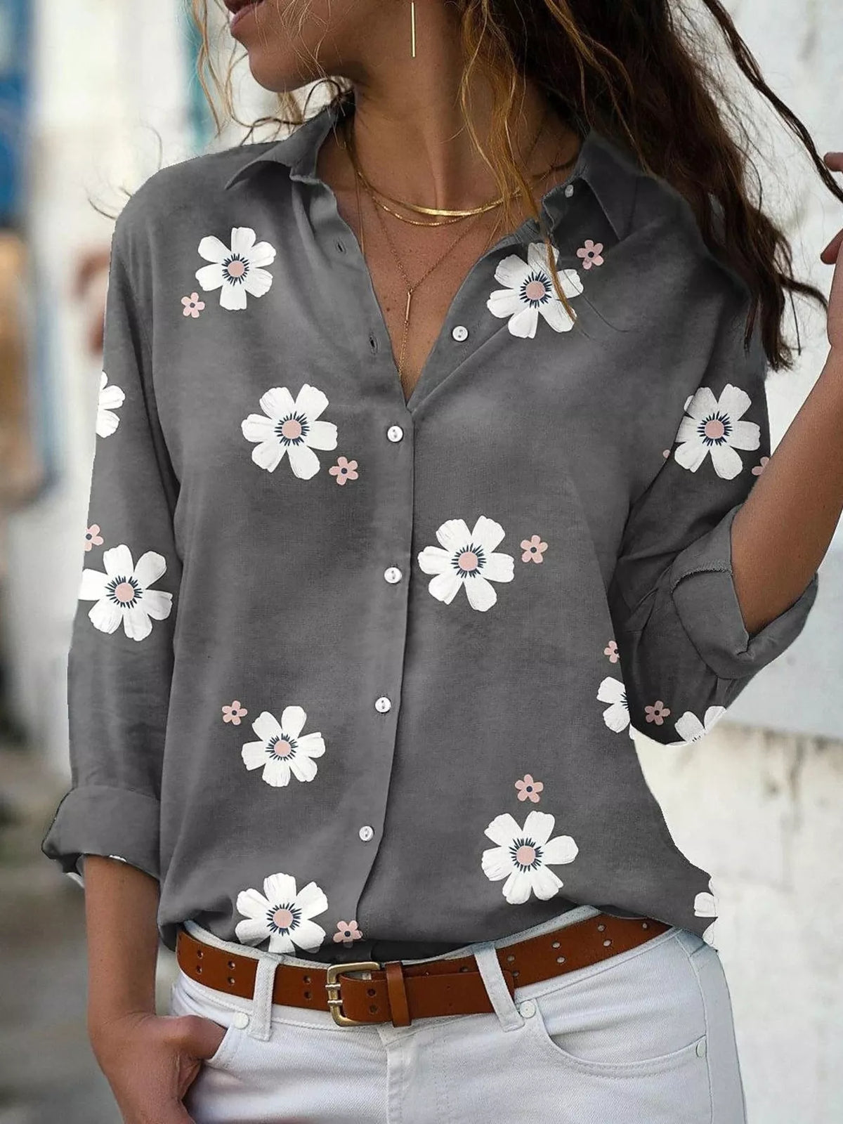 Dark Gray Floral Print Button-Down Casual Shirt front view